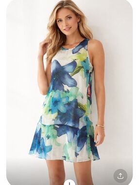 Vince Camuto Blue White Floral Shift Dress NWT Size 2 Sheer Overlay